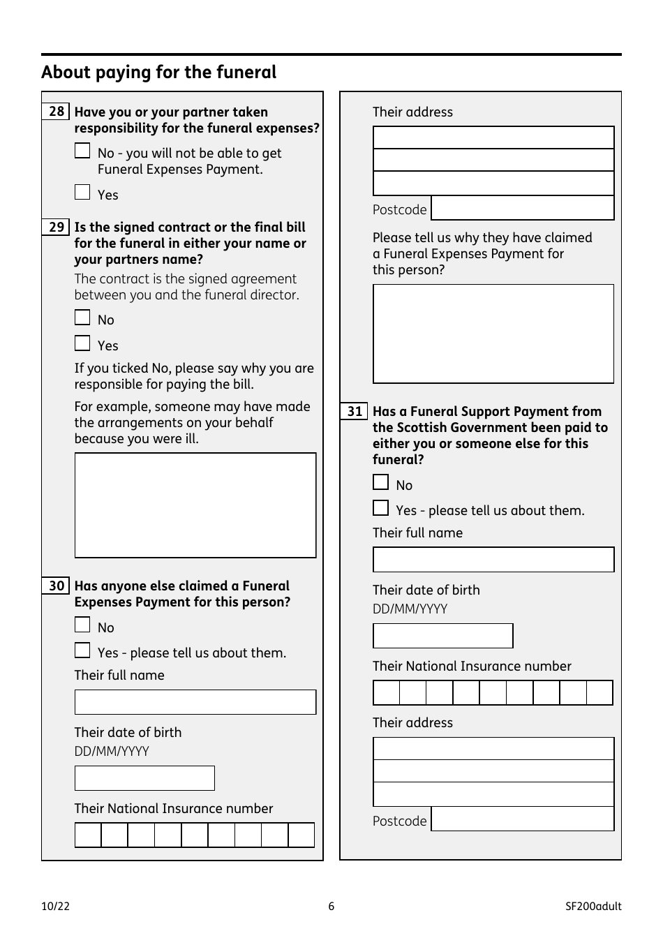 Form SF200ADULT Social Fund Funeral Expenses Payment for an Adult - United Kingdom, Page 6