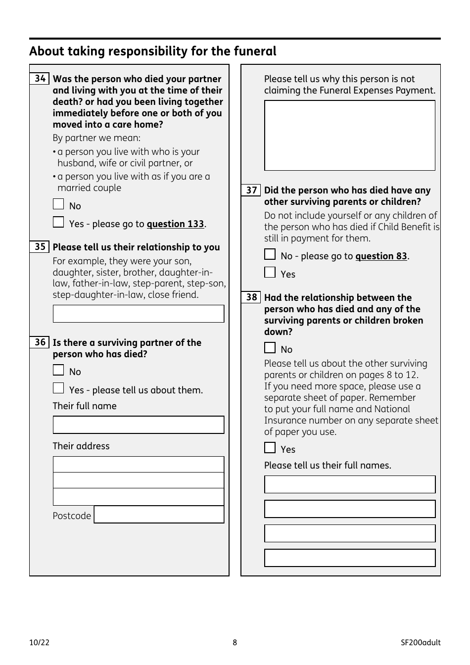Form SF200ADULT Social Fund Funeral Expenses Payment for an Adult - United Kingdom, Page 8