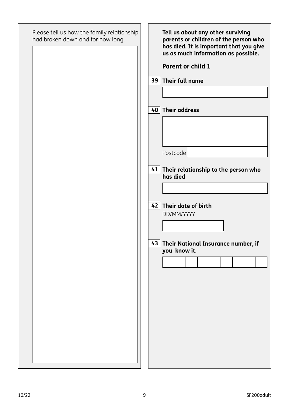 Form SF200ADULT Social Fund Funeral Expenses Payment for an Adult - United Kingdom, Page 9