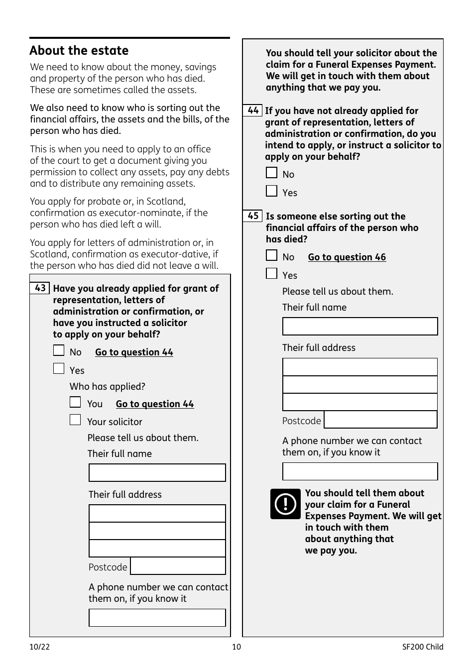 Form SF200 CHILD Funeral Expenses Payment for a Child - United Kingdom, Page 10