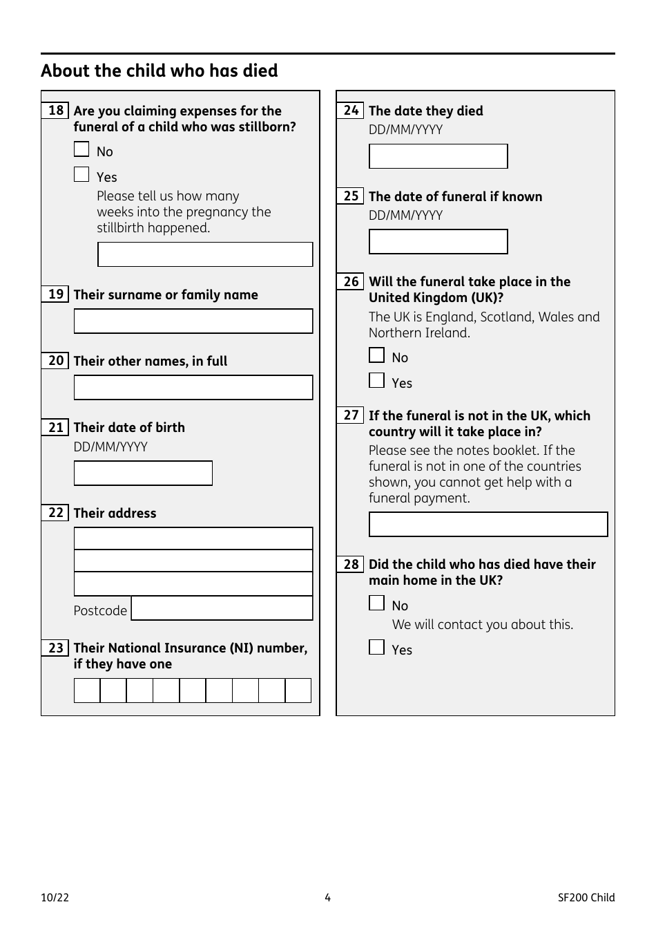 Form SF200 CHILD Funeral Expenses Payment for a Child - United Kingdom, Page 4