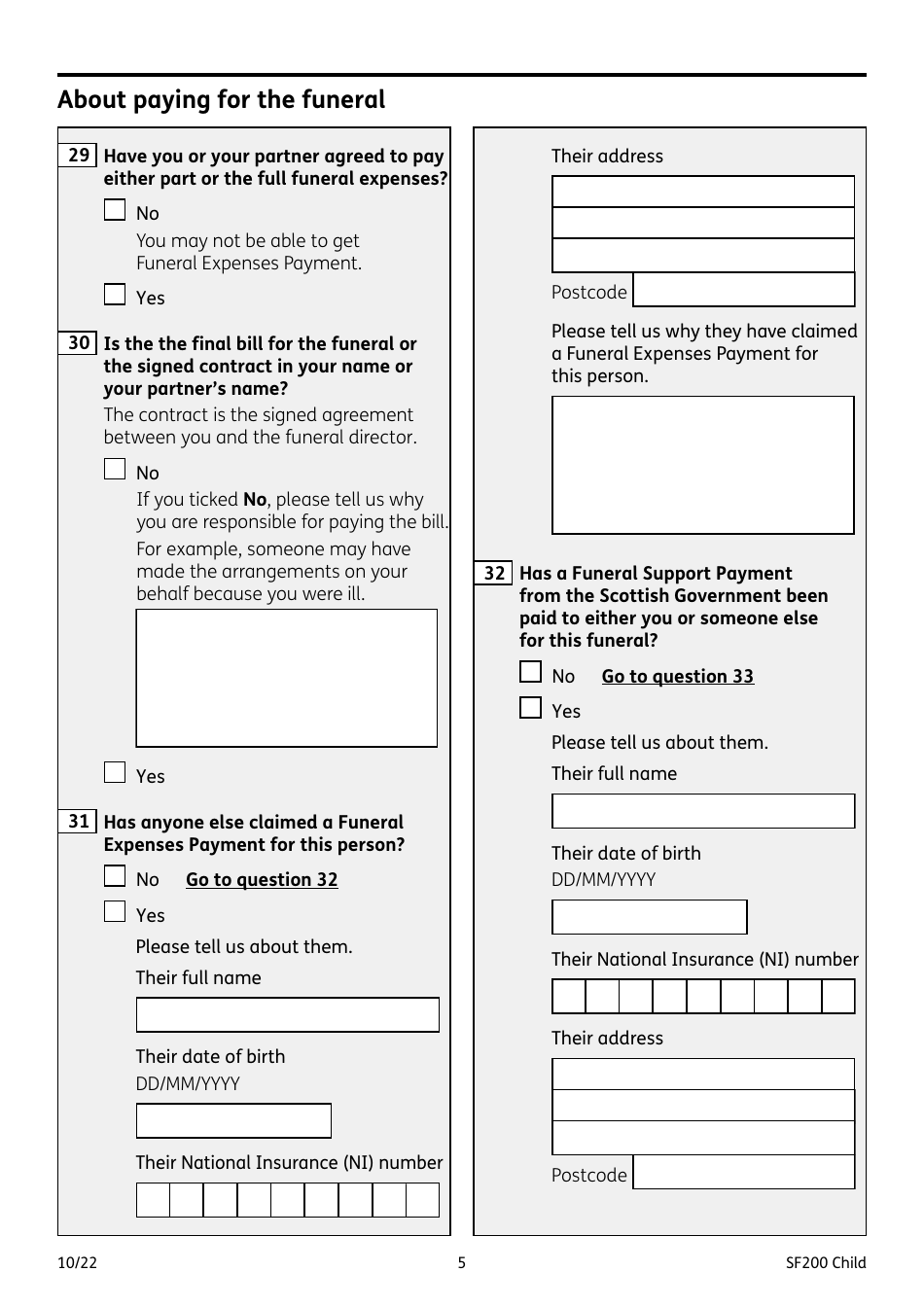 Form SF200 CHILD Funeral Expenses Payment for a Child - United Kingdom, Page 5
