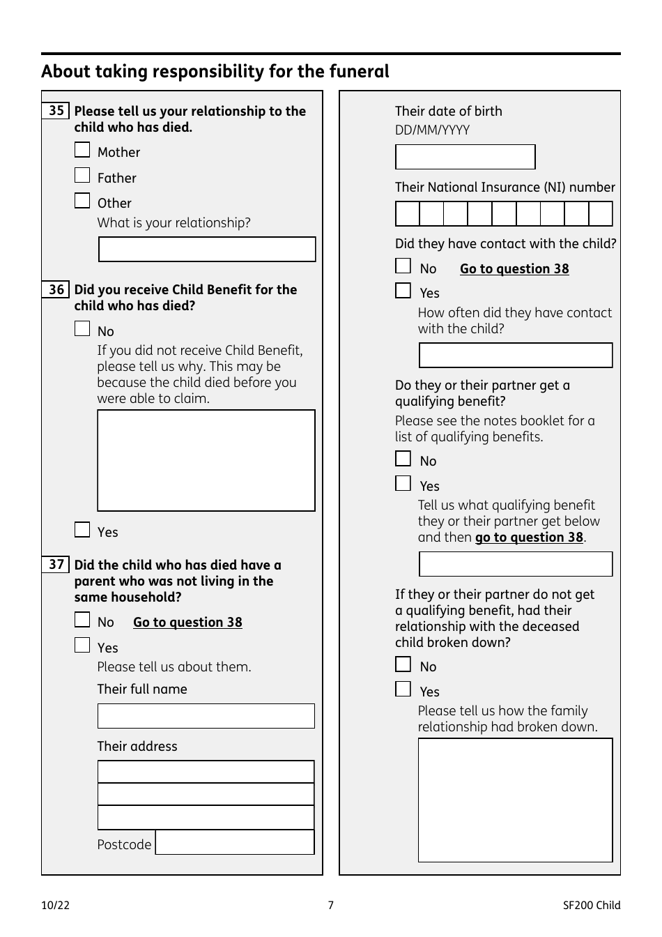 Form SF200 CHILD Funeral Expenses Payment for a Child - United Kingdom, Page 7