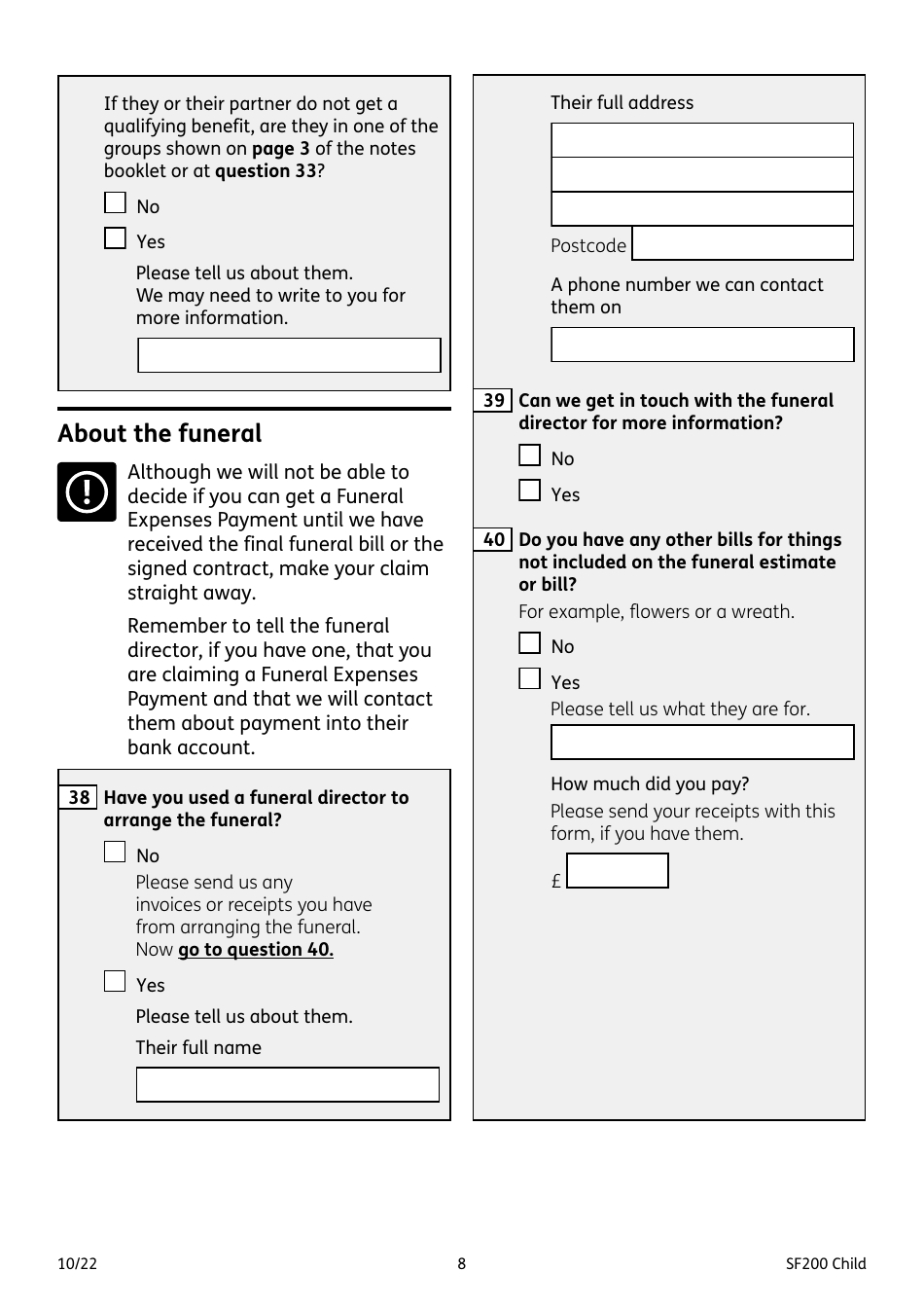 Form SF200 CHILD Funeral Expenses Payment for a Child - United Kingdom, Page 8