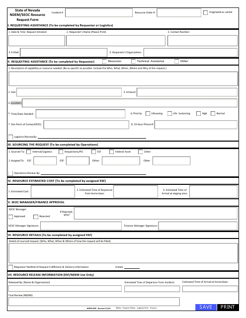 Ndem / Seoc Resource Request Form - Nevada Download Pdf