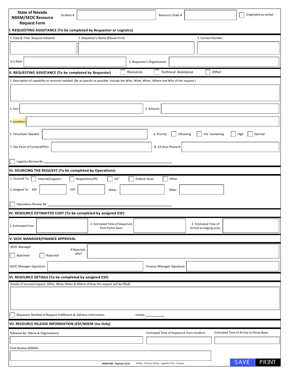 Ndem / Seoc Resource Request Form - Nevada, Page 1