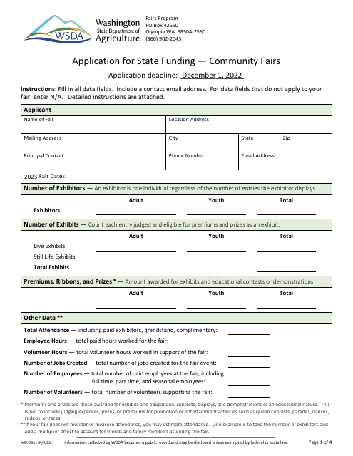 Form AGR-5531 Application for State Funding - Community Fairs - Washington, 2022
