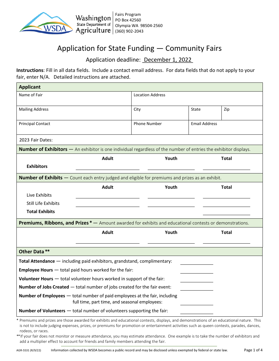 Form AGR-5531 Application for State Funding - Community Fairs - Washington, Page 1