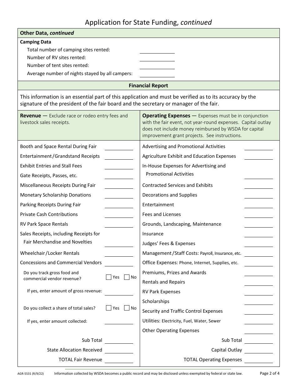 Form AGR-5531 Application for State Funding - Community Fairs - Washington, Page 2