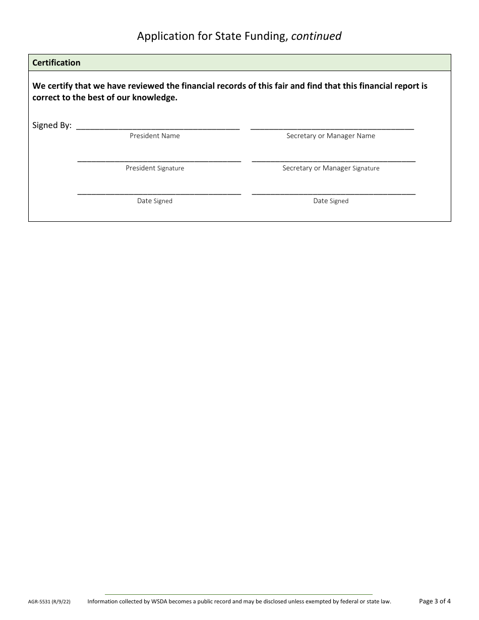 Form AGR-5531 Application for State Funding - Community Fairs - Washington, Page 3