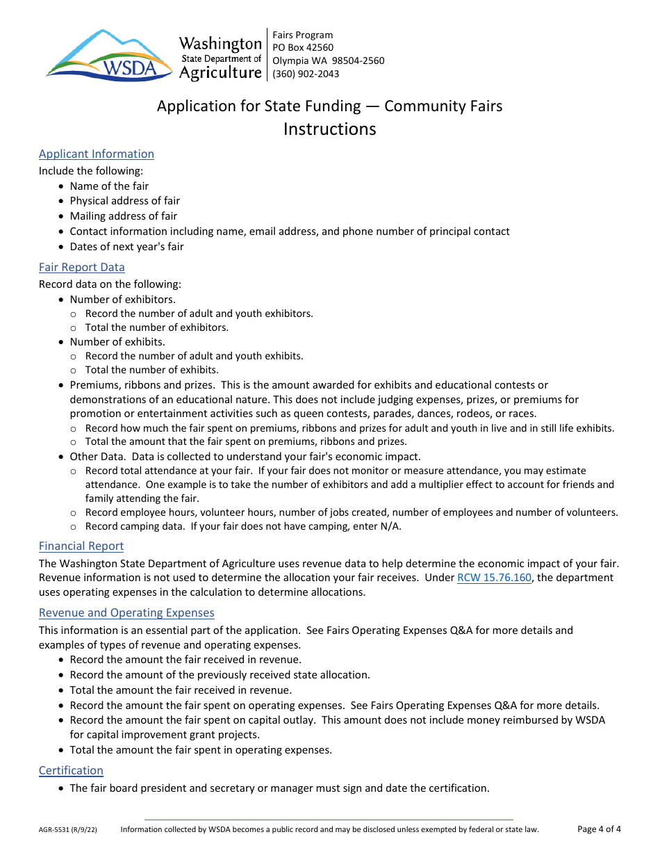 Form AGR-5531 Application for State Funding - Community Fairs - Washington, Page 4
