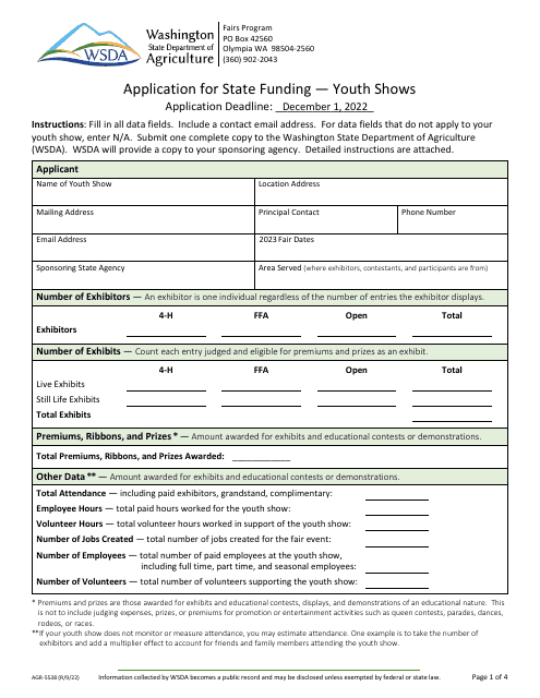 Form AGR-5538 Application for State Funding - Youth Shows - Washington, 2022