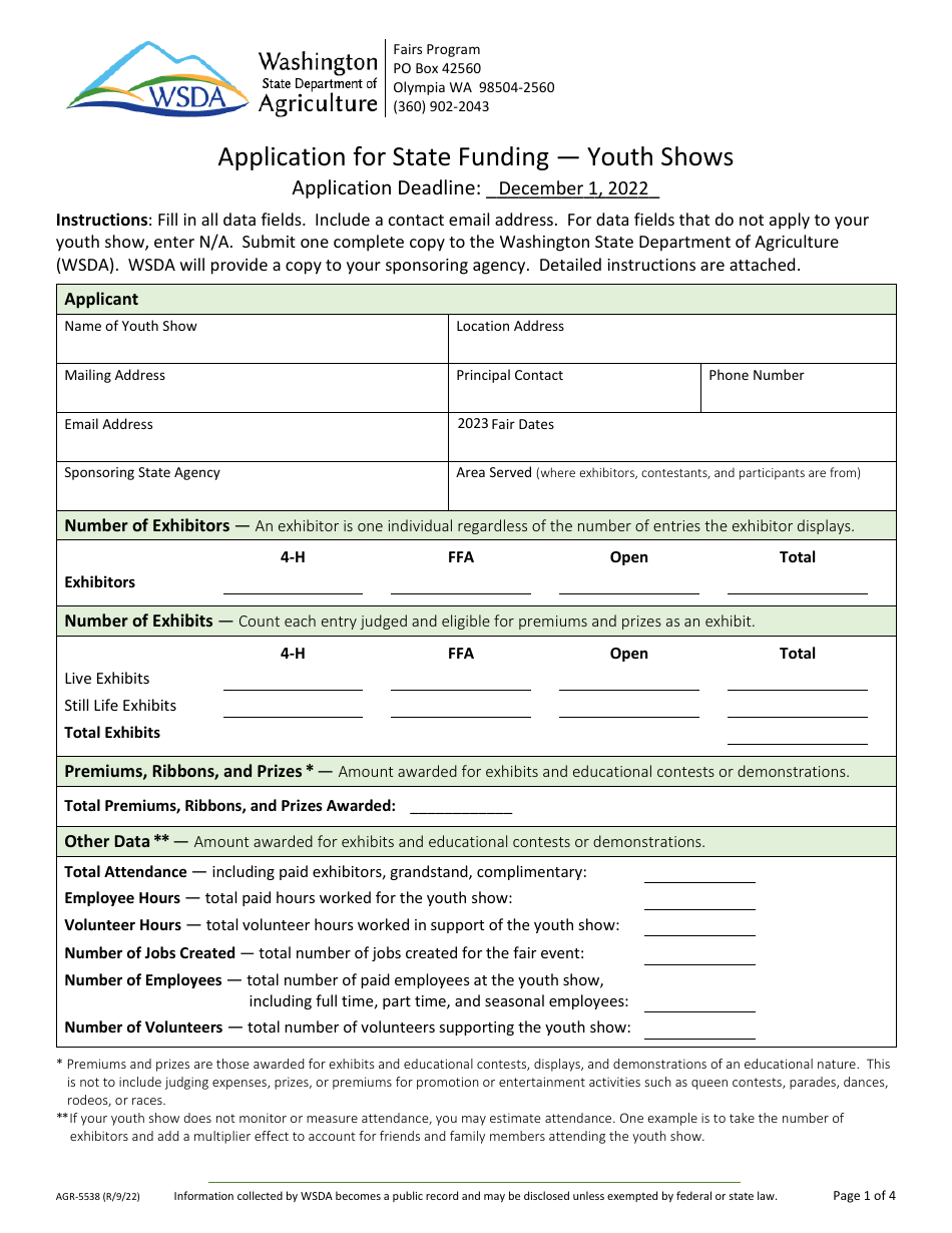 Form AGR-5538 Application for State Funding - Youth Shows - Washington, Page 1