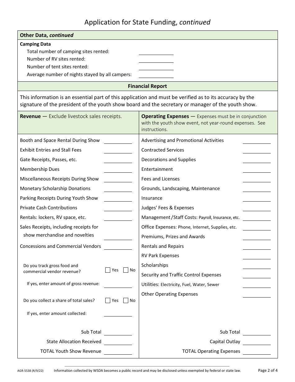 Form AGR-5538 Application for State Funding - Youth Shows - Washington, Page 2