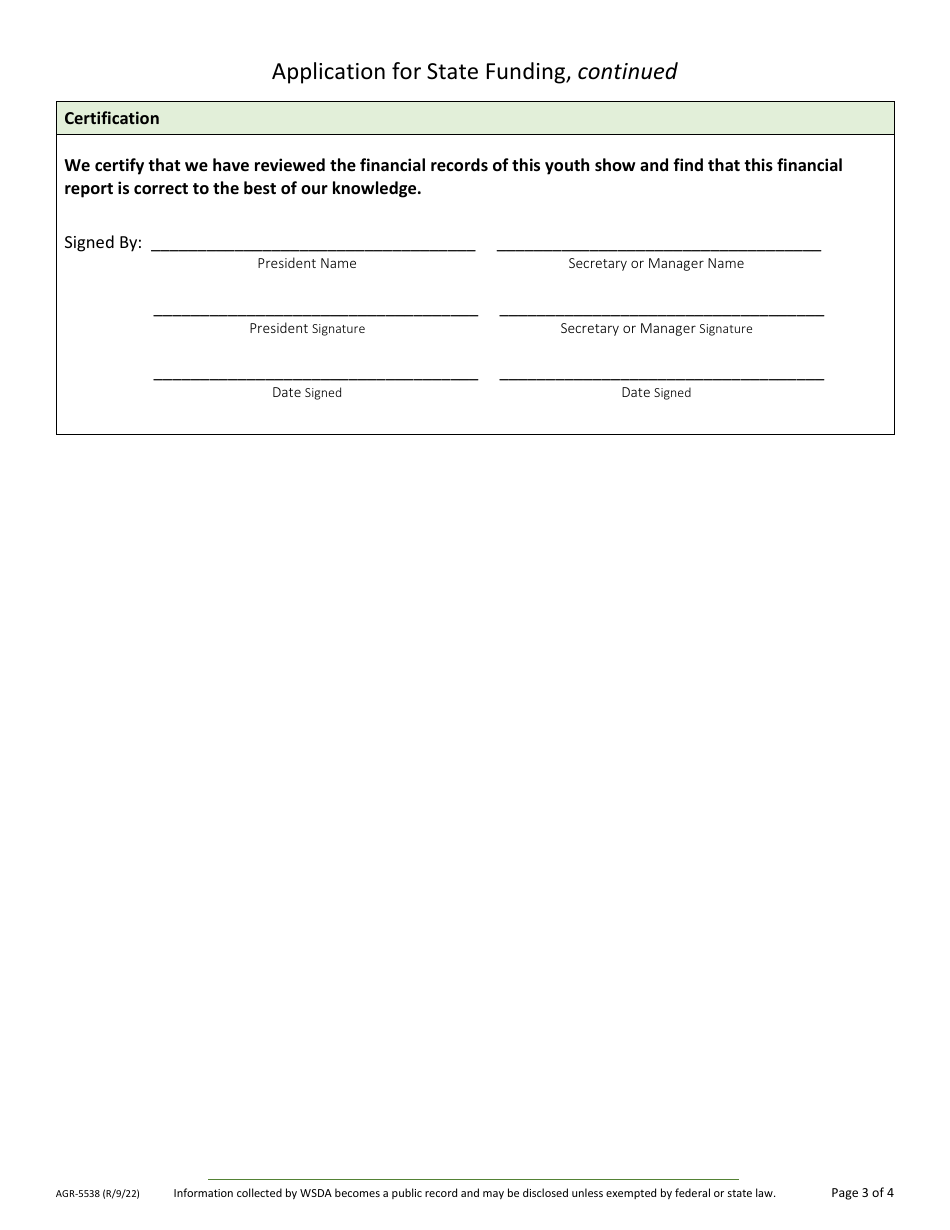 Form AGR-5538 Application for State Funding - Youth Shows - Washington, Page 3