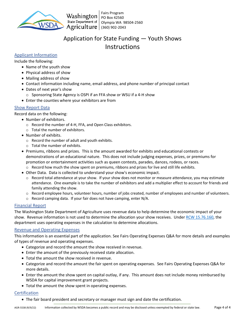 Form AGR-5538 Application for State Funding - Youth Shows - Washington, Page 4
