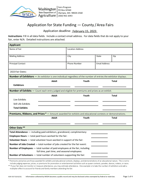Form AGR-5537 Application for State Funding - County/Area Fairs - Washington, 2023