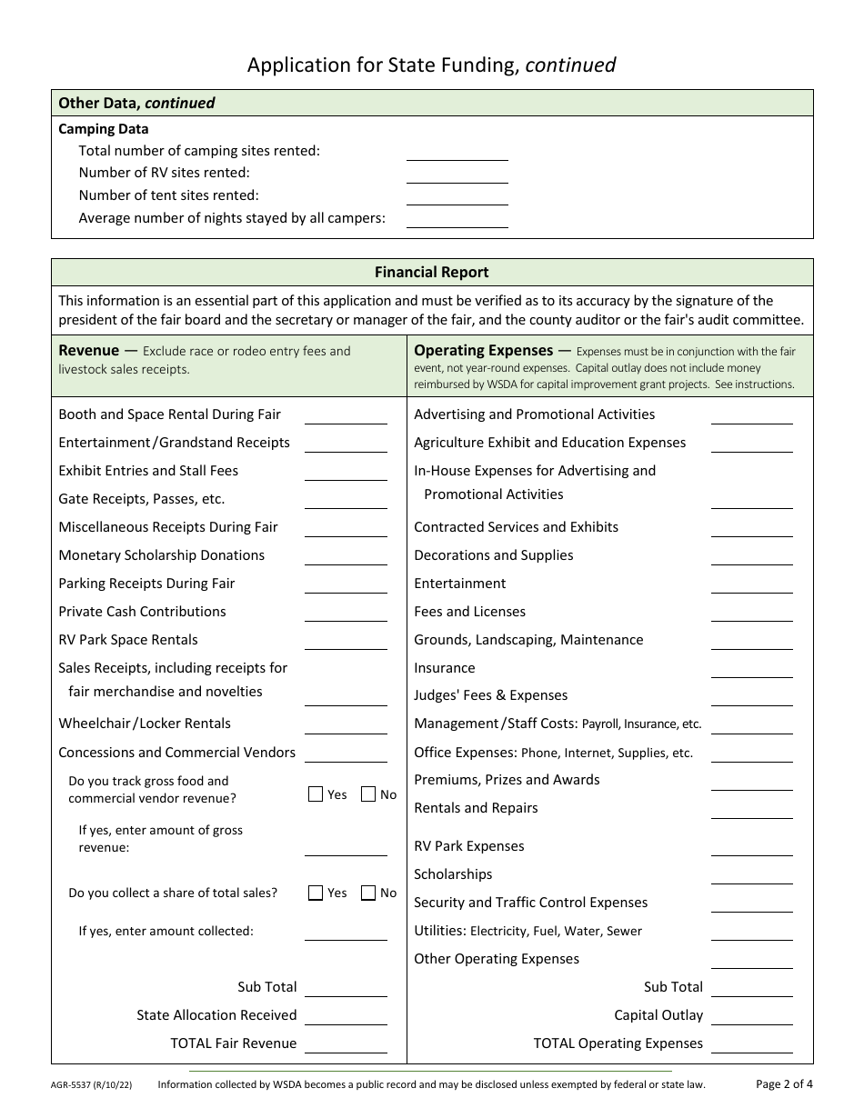 Form AGR-5537 Application for State Funding - County / Area Fairs - Washington, Page 2