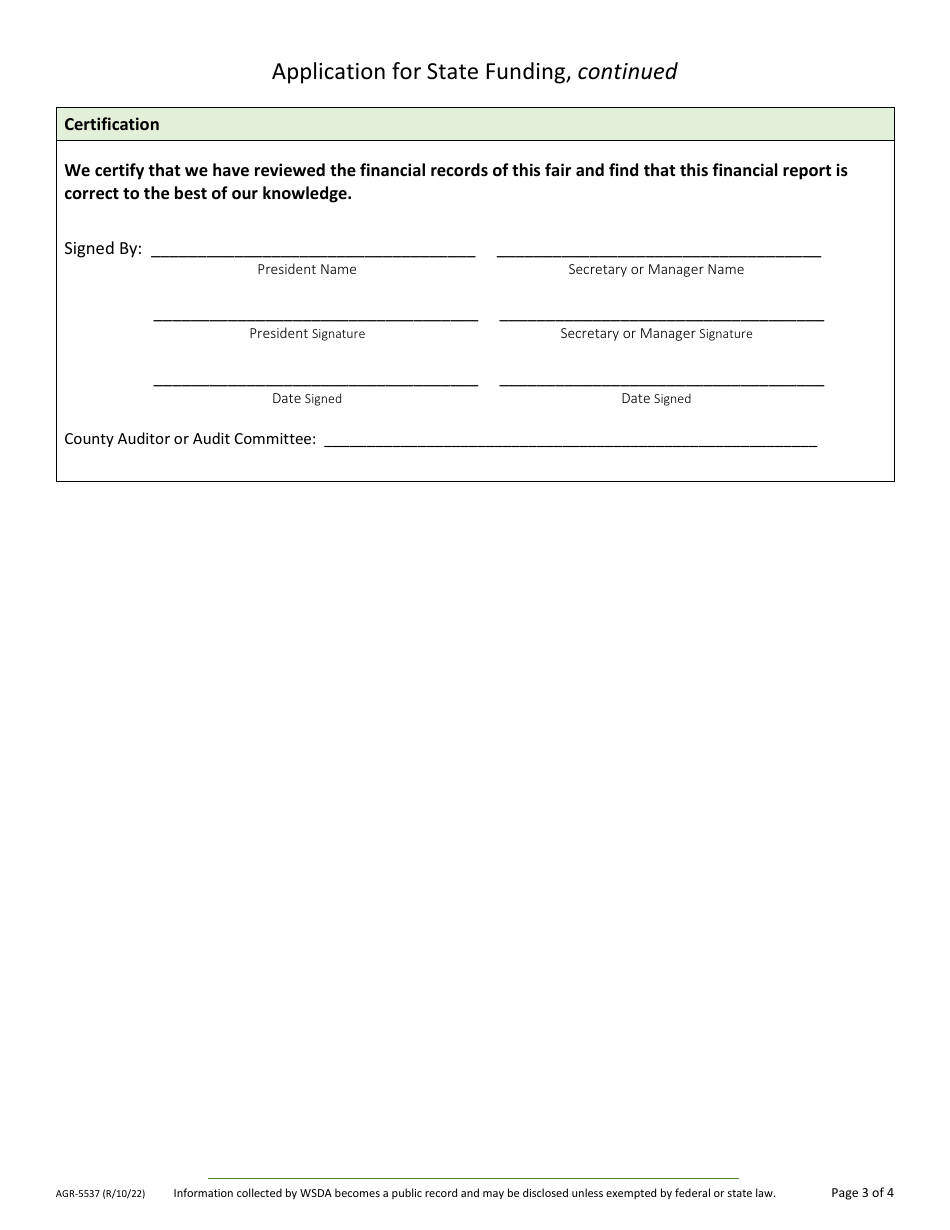 Form AGR-5537 Application for State Funding - County / Area Fairs - Washington, Page 3