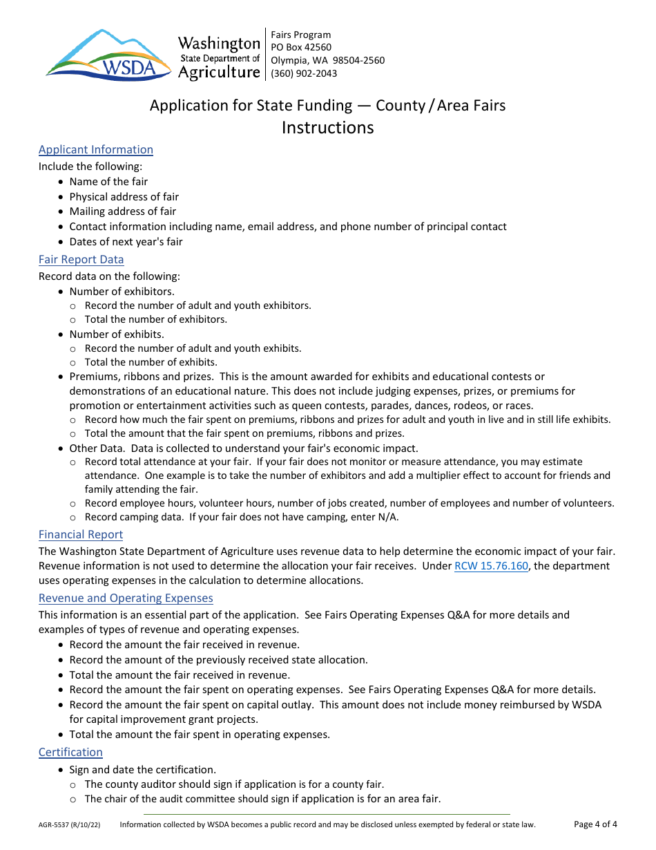 Form AGR-5537 Application for State Funding - County / Area Fairs - Washington, Page 4