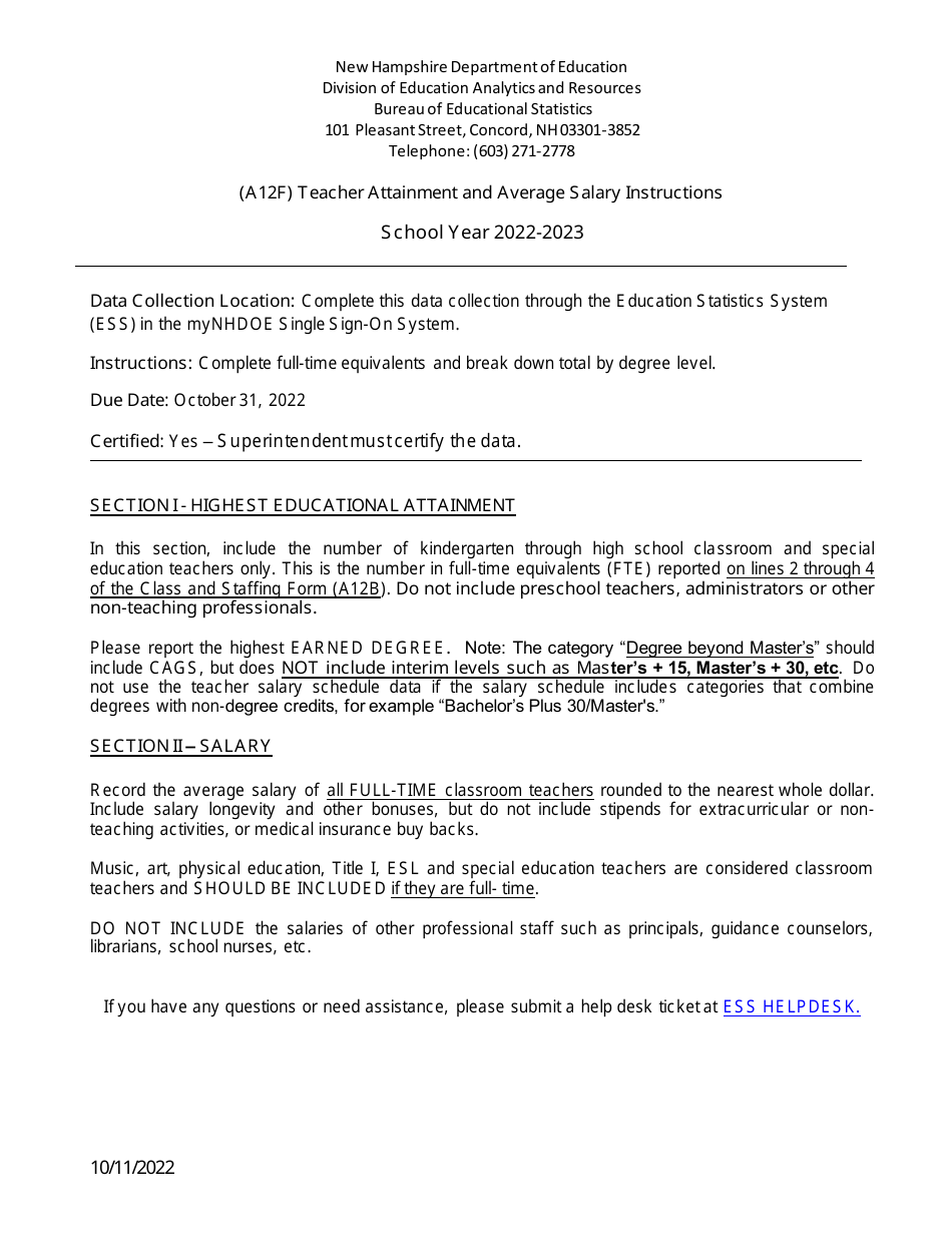 Instructions for Form A12F Teacher Attainment and Average Salary Form - New Hampshire, Page 1