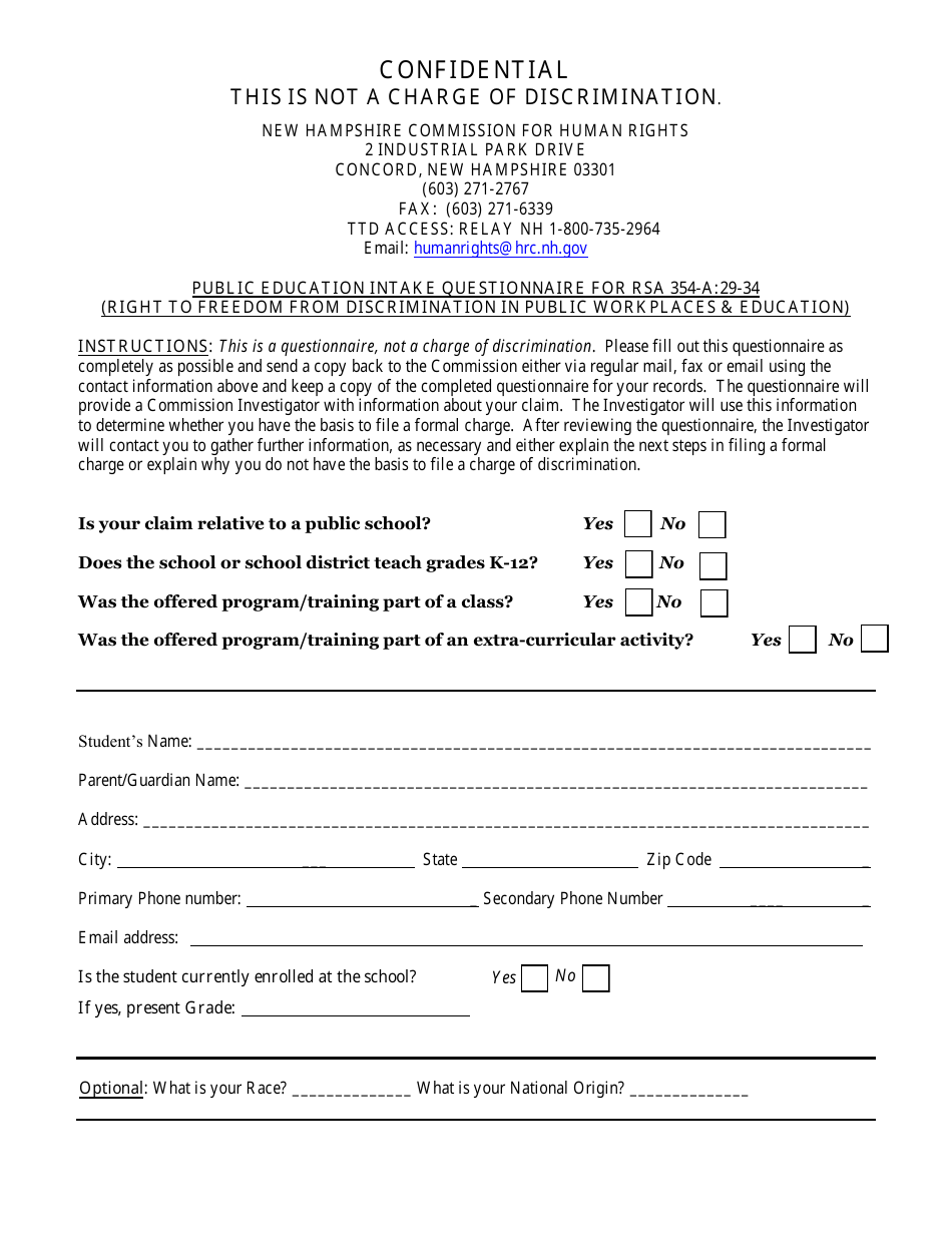 New Hampshire Public Education Intake Questionnaire for Rsa 354-a:29-34 ...