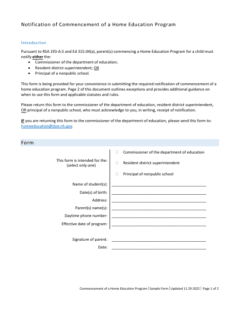 Notification of Commencement of a Home Education Program - New Hampshire Download Pdf