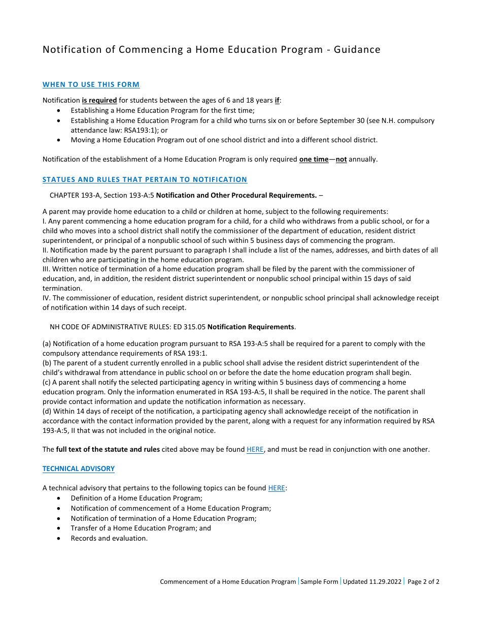 Notification of Commencement of a Home Education Program - New Hampshire, Page 2