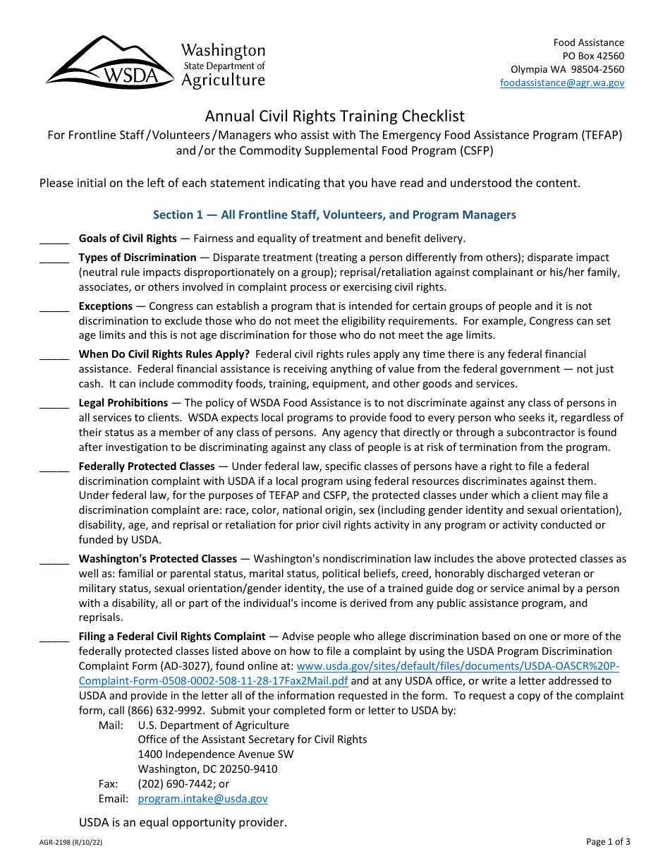 Form AGR-2198 Annual Civil Rights Training Checklist for Frontline Staff, Volunteers, and Managers - Washington, Page 1