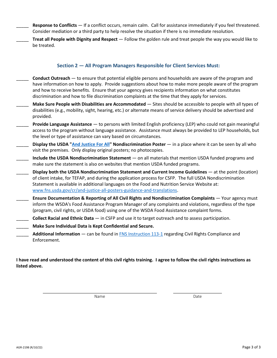 Form AGR-2198 Annual Civil Rights Training Checklist for Frontline Staff, Volunteers, and Managers - Washington, Page 3