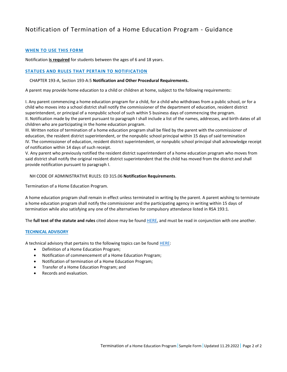 Notification of Termination of a Home Education Program - New Hampshire, Page 2