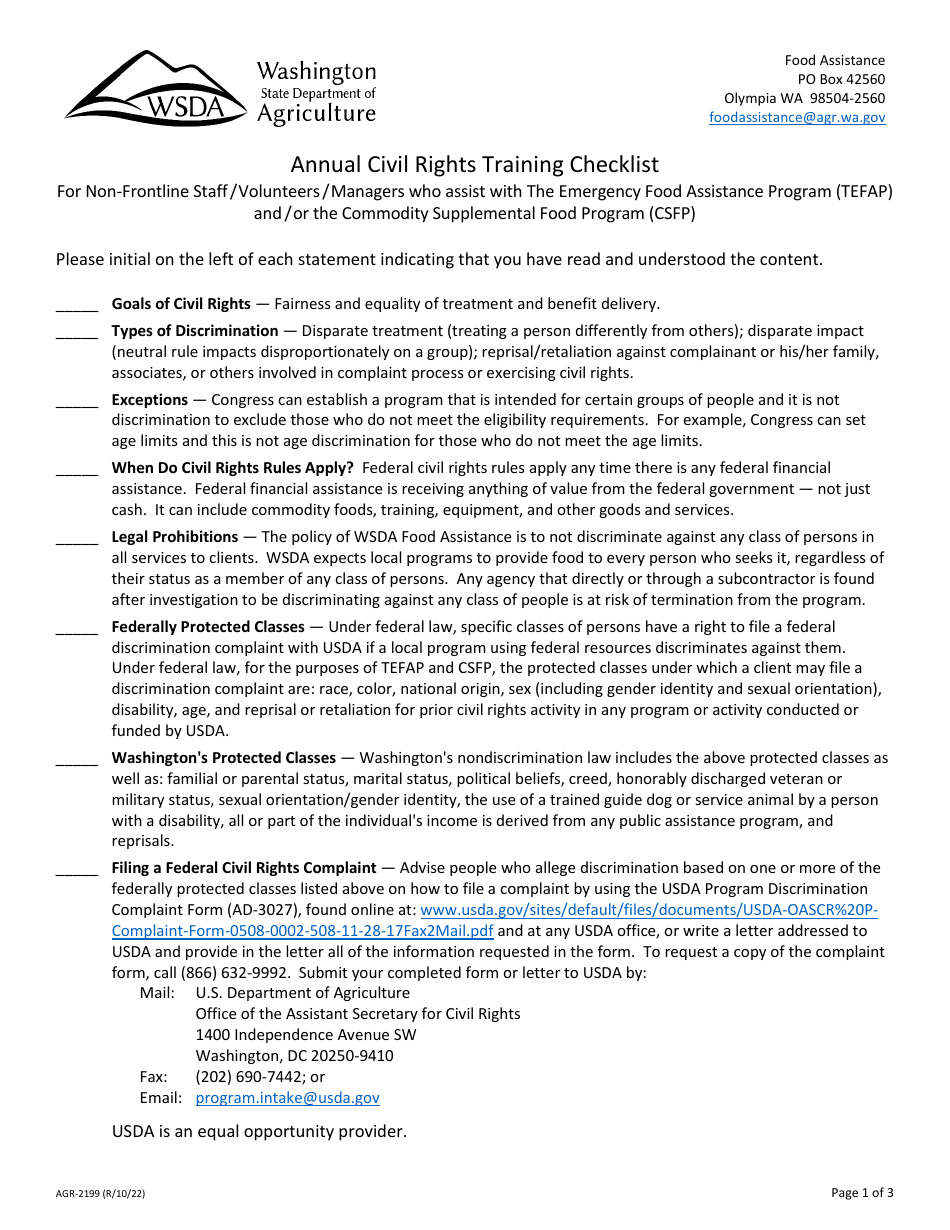 Form AGR-2199 Annual Civil Rights Training Checklist for Frontline Staff, Volunteers, and Managers - Washington, Page 1