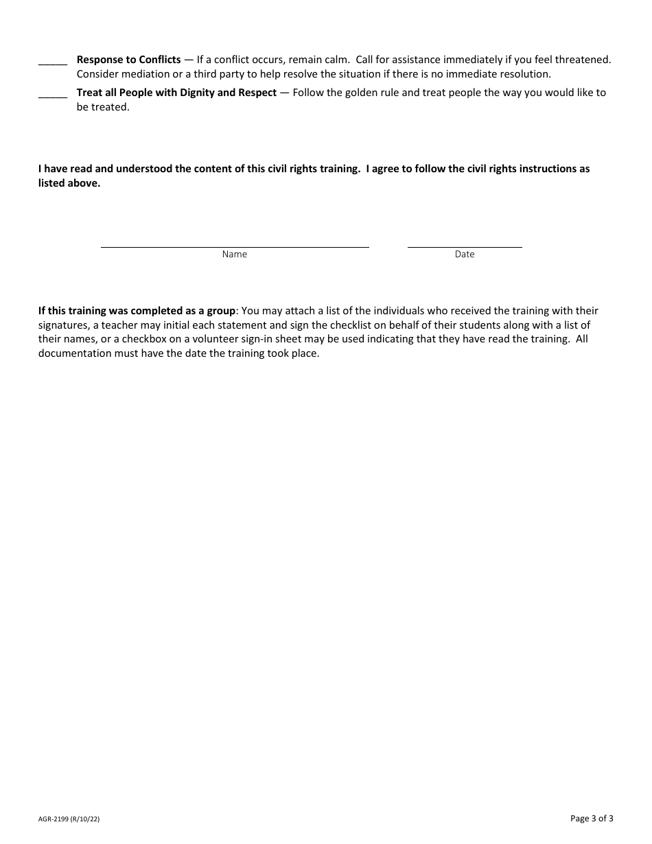 Form AGR-2199 Annual Civil Rights Training Checklist for Frontline Staff, Volunteers, and Managers - Washington, Page 3