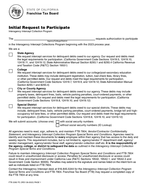 Form FTB2282 PC Initial Request to Participate - California, 2023