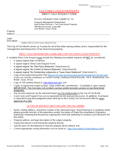 Tax-Foreclosed Property - Direct Sale Request Form - City of Fort Worth, Texas Download Pdf
