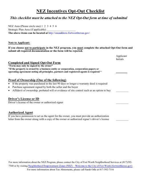 Nez Incentives Opt-Out - City of Fort Worth, Texas Download Pdf
