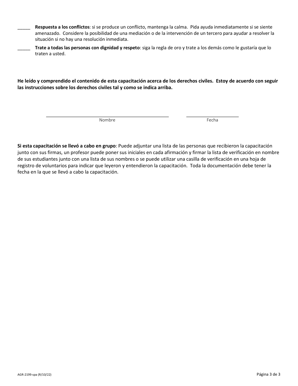 Formulario AGR-2199-SPA Lista De Verificacion De La Capacitacion Anual Acerca De Los Derechos Civiles Para El Personal De No Primera Linea / Los Voluntarios / Directores Que Ayudan Con El Programa De Ayuda Alimentaria De Emergencia (Tefap) O El Programa Suplementario De Productors Basicos (Csfp) - Washington (Spanish), Page 3