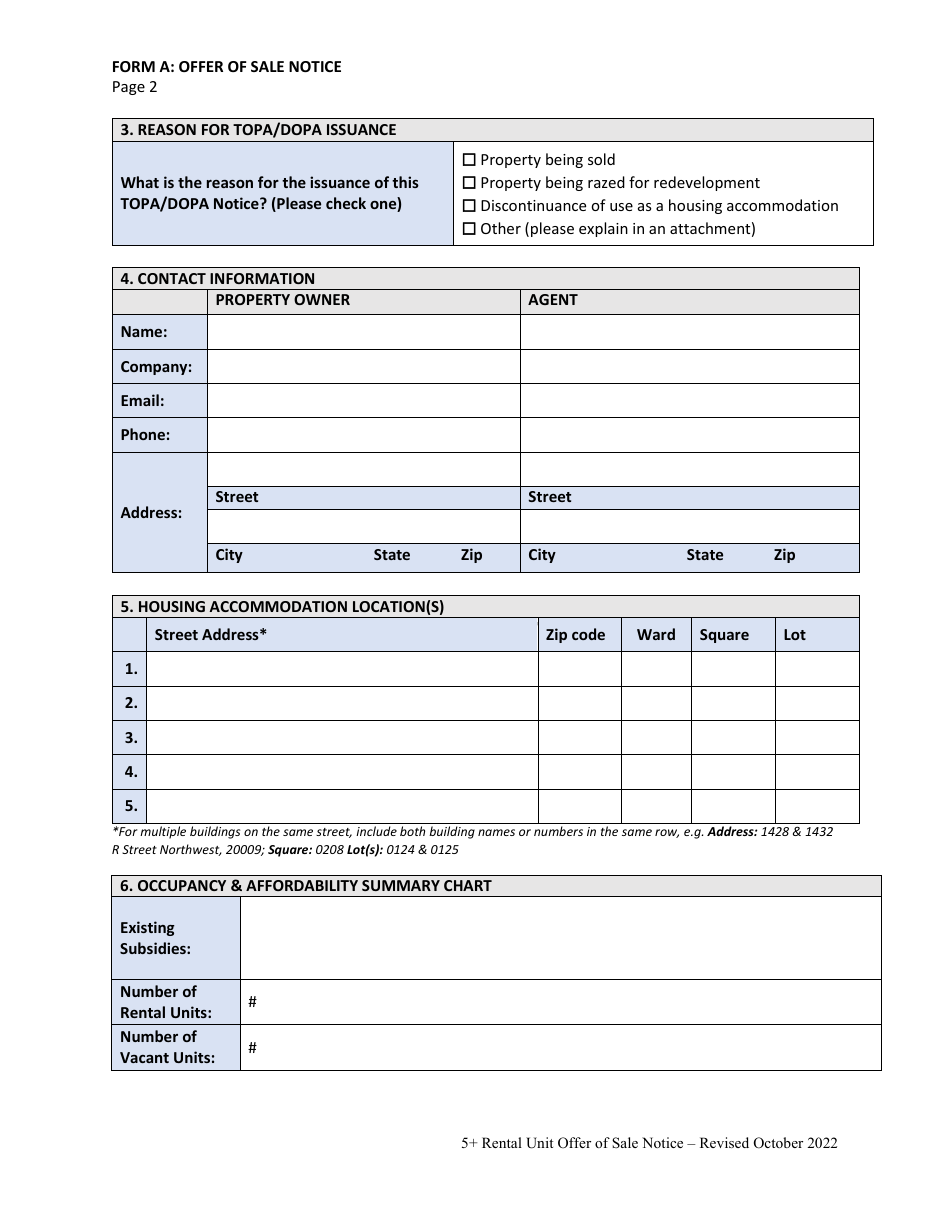 Form A Offer of Sale: Tenant Opportunity to Purchase (Topa) and District Opportunity to Purchase Act (Dopa) for Housing Accommodations With Five (5) or More Rental Units - Washington, D.C., Page 2