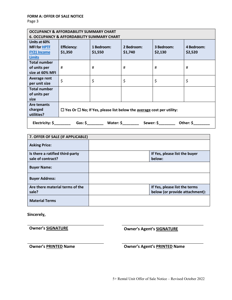Form A Offer of Sale: Tenant Opportunity to Purchase (Topa) and District Opportunity to Purchase Act (Dopa) for Housing Accommodations With Five (5) or More Rental Units - Washington, D.C., Page 3