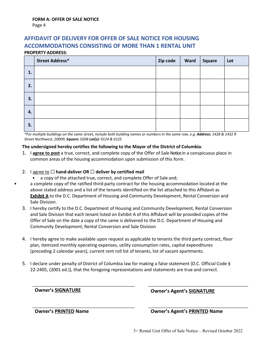Form A Offer of Sale: Tenant Opportunity to Purchase (Topa) and District Opportunity to Purchase Act (Dopa) for Housing Accommodations With Five (5) or More Rental Units - Washington, D.C., Page 4