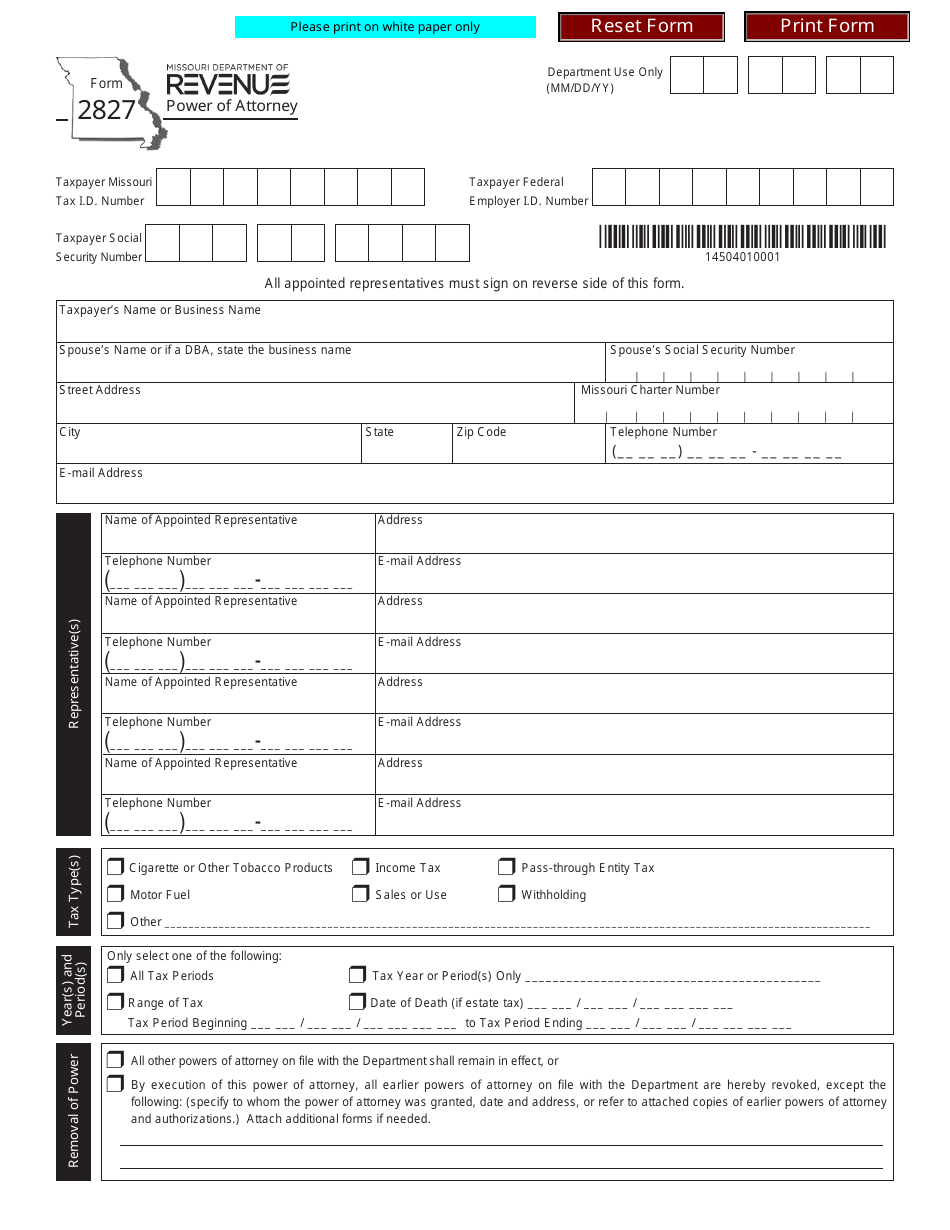 Form 2827 Power of Attorney - Missouri, Page 1