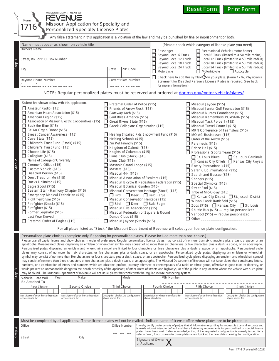 Form 1716 Missouri Application for Specialty and Personalized Specialty License Plates - Missouri, Page 1