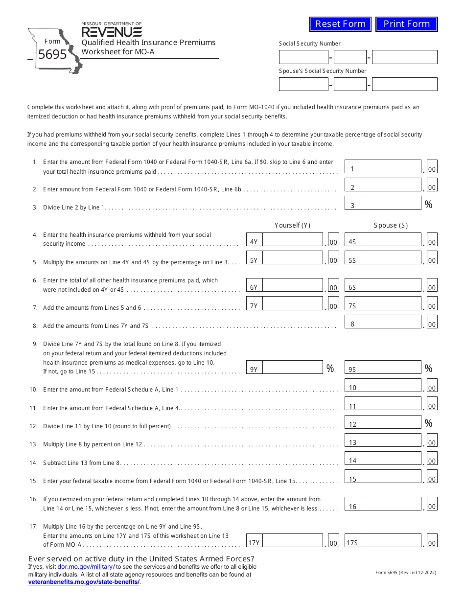 Form 5695 Qualified Health Insurance Premiums Worksheet for Mo-A - Missouri, Page 1