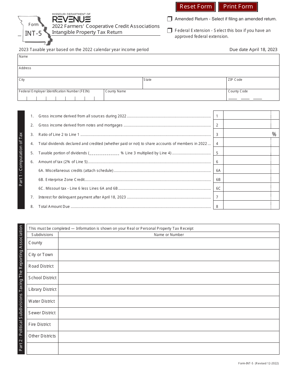 Form INT-5 Farmers Cooperative Credit Associations Intangible Property Tax Return - Missouri, Page 1