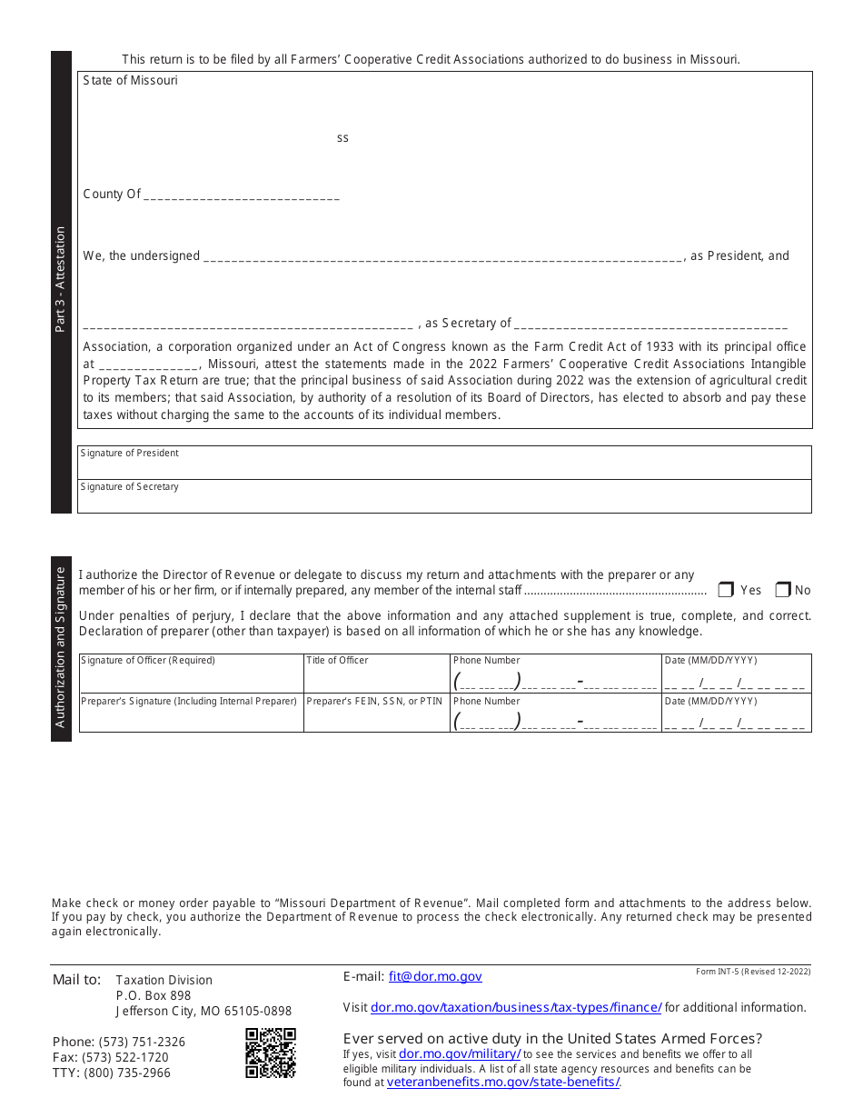 Form INT-5 Farmers Cooperative Credit Associations Intangible Property Tax Return - Missouri, Page 2