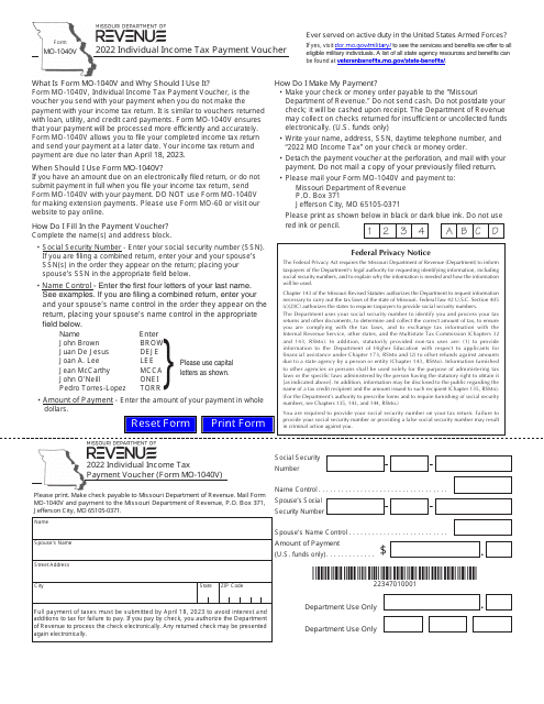 Form MO-1040V Individual Income Tax Payment Voucher - Missouri, 2022