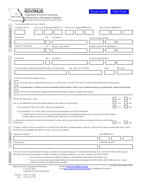 Form MO-1310D Statement of Person Claiming Refund Due a Deceased Taxpayer - Missouri