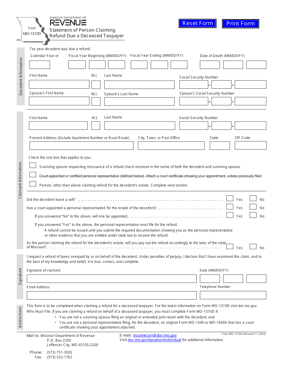 Form MO-1310D Statement of Person Claiming Refund Due a Deceased Taxpayer - Missouri, Page 1