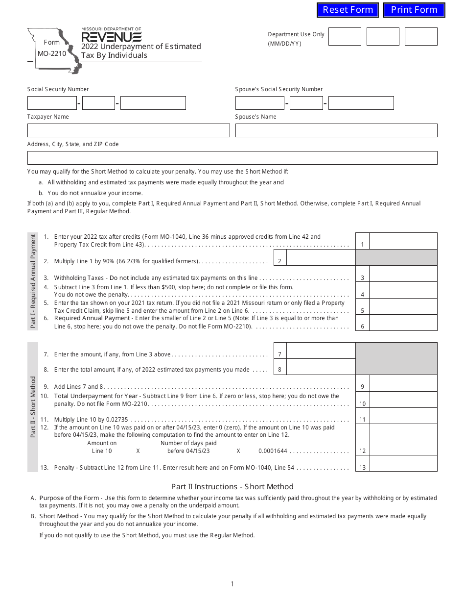 Form MO-2210 Underpayment of Estimated Tax by Individuals - Missouri, Page 1