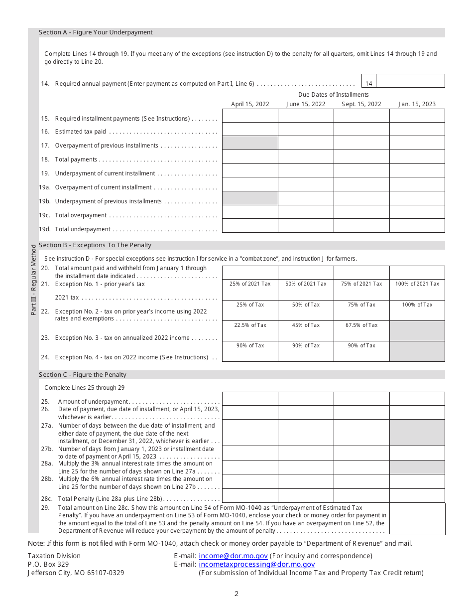 Form MO-2210 Underpayment of Estimated Tax by Individuals - Missouri, Page 2